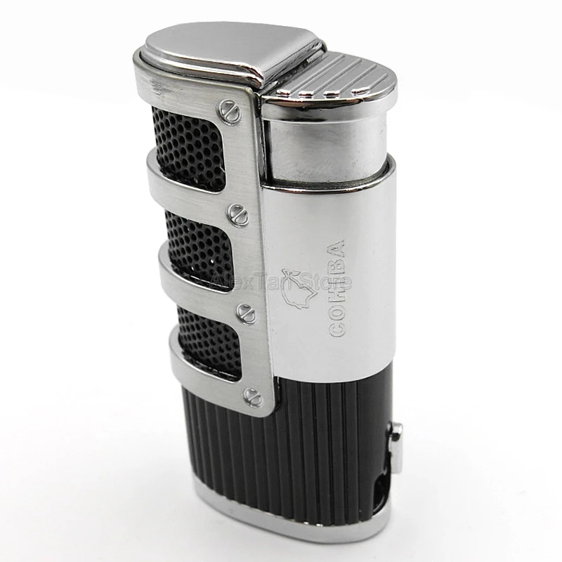 COHIBA элегантный Gridding Stripes ветрозащитный 3 фонарь Jet Flame многоразовая зажигалка с сигарой и подарочной коробкой