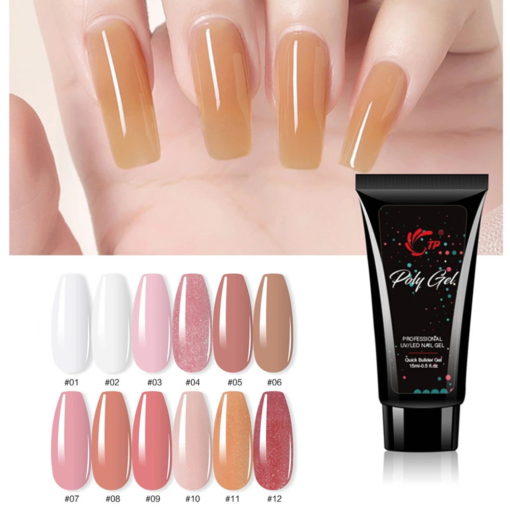 

12 color Acrylic poly Nail gel Pink White Clear Glitter Crystal UV LED Builder Tips Enhancement Slip Solution Quick Extension
