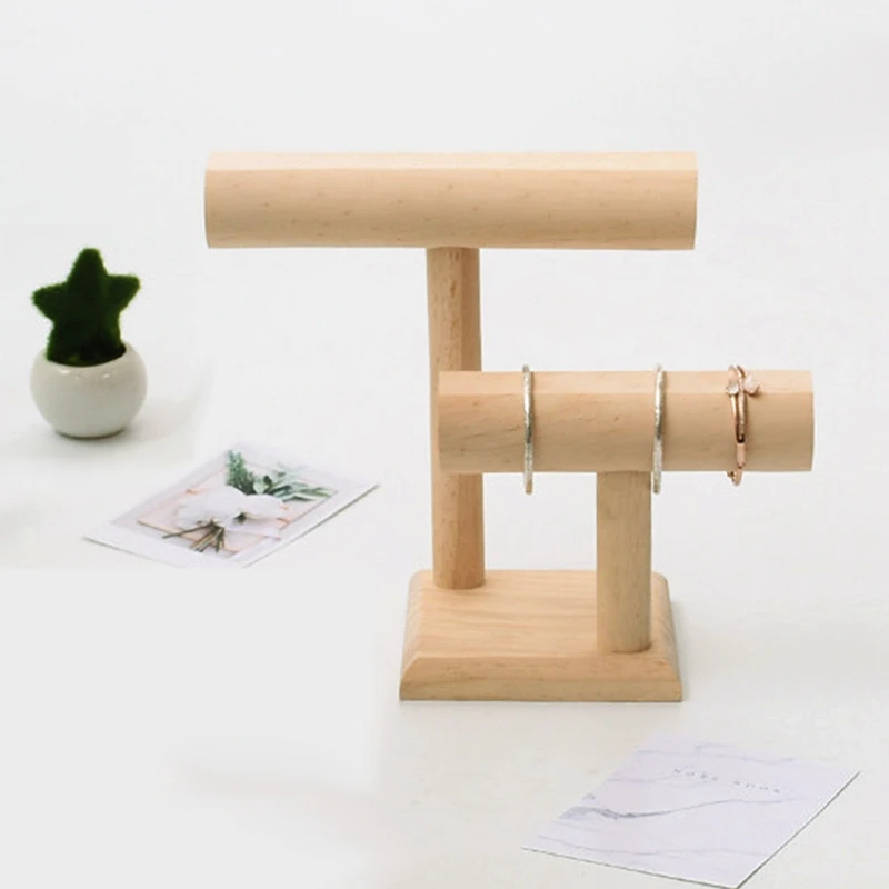 

2-Tier Wooden T-Bar Jewelry Bracelet Watch Bangle Necklace Display Holder Stand Organizer Decoupage