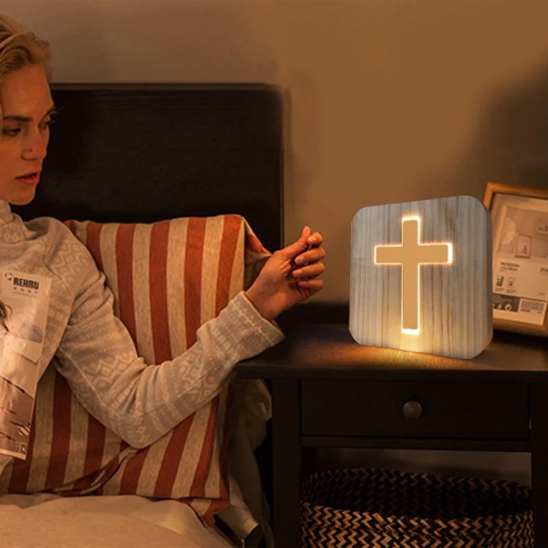 

3D Wooden Cross USB Night Light LED Table Lamp Novelty Kids Bedroom Decoration