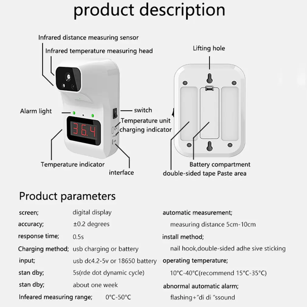 

K3 Infrared Thermometer Non-contact Fixed Forehead Thermometer Hanging Forehead Temperature Gun Temperature Meter