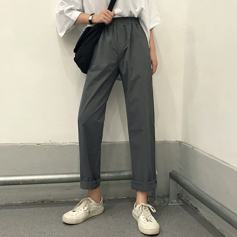 Женские Эластичные прямые брюки с высокой талией винтажные модные серые