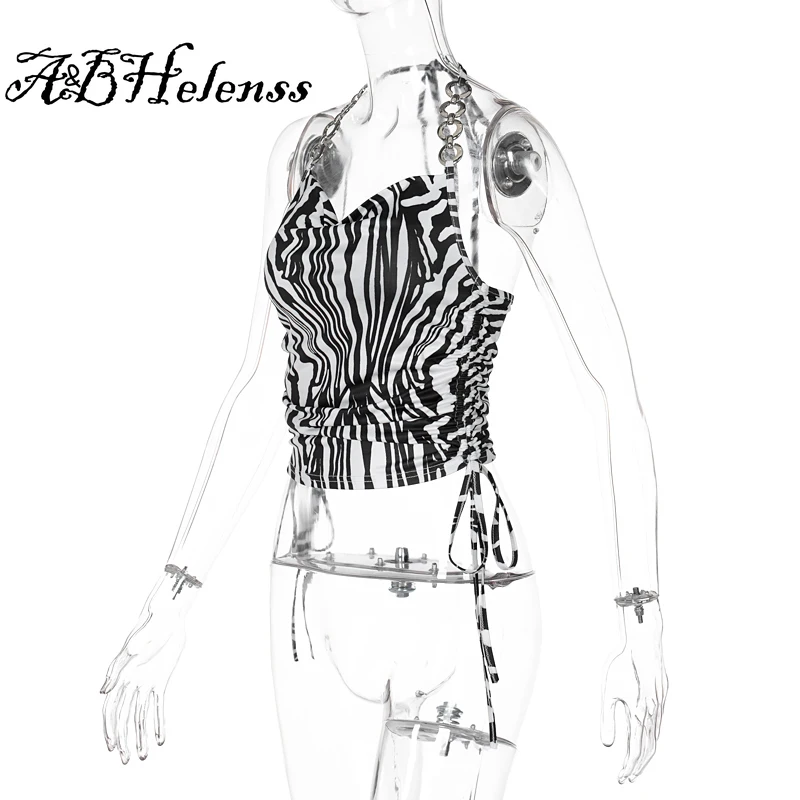 

A&BHelenss 2021 Summer Women Fashion Streetwear Outfits Hater Bandage Ruched Camis Zebra Print Sleeveless Sexy Crop Top