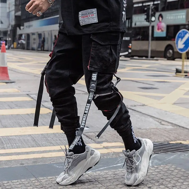 

Joggers Pants Black Hiphop Sweatpants Streetwear Hip Hop Cargo Pants Pockets Men Casual Harajuku Harem Pants Pockets Ribbons