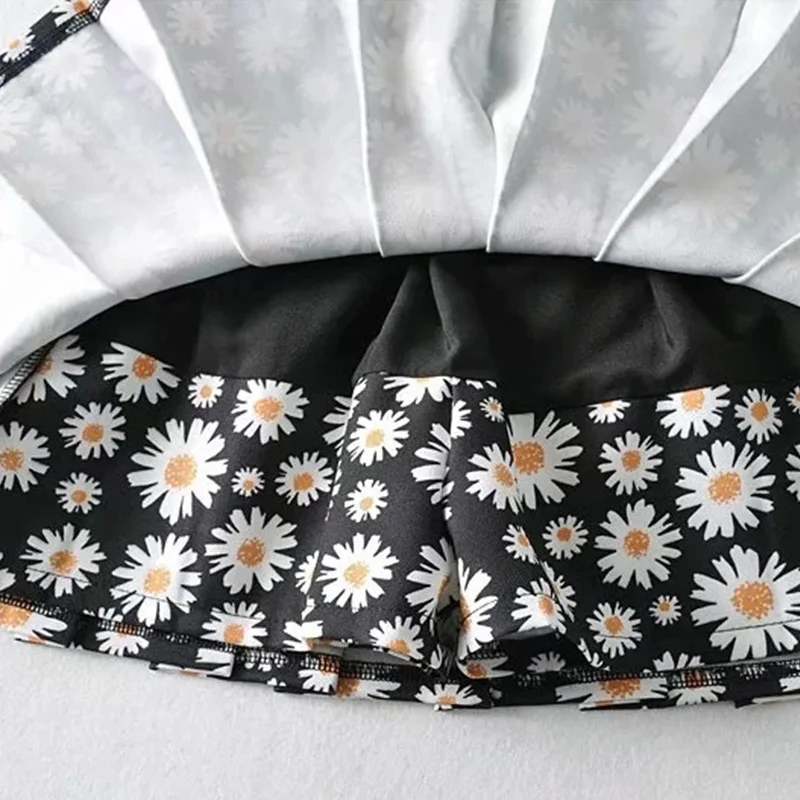 

Women Daisy Printed Pleated Mini Skirt High Waist A Line Lining Female Short Skirts 2021 Summer Autumn Fashion Ladies Bottoms