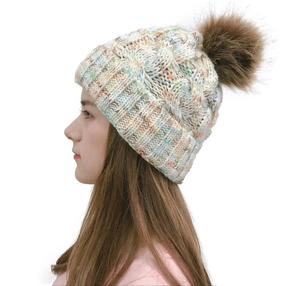 Белый Вязаные зимние женские шапки Skullies, женские шапочки с помпоном, Повседневная вязаная шапка, дамская модная громоздкая шапочка, теплая шапка s, шерстяная шапка - Цвет: Белый