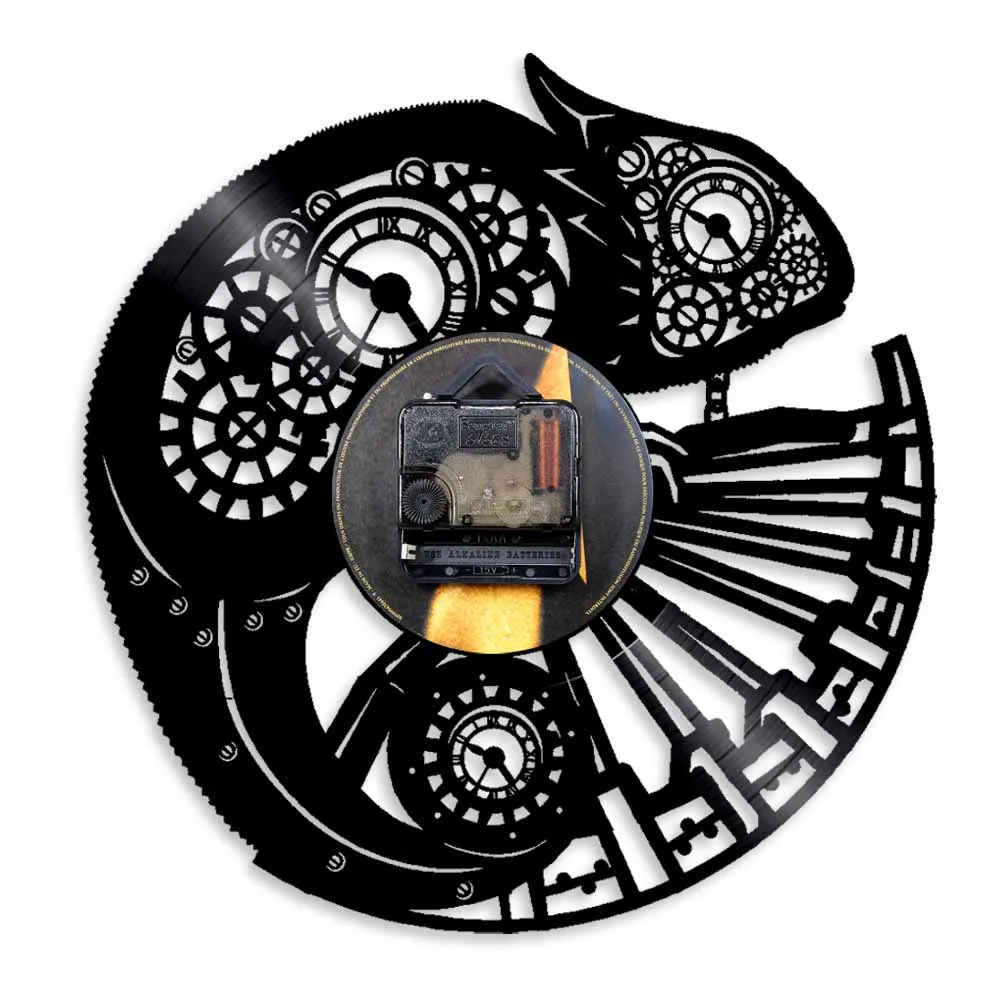 Chameleon Vintage Vinyl Record Wall Clock LP LED Night Light Art Hanging Watch Silent Quartz Animal Lover Gift | Дом и сад
