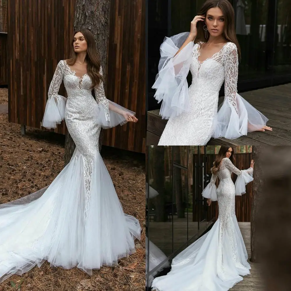 

Long Sleeves Mermaid Wedding Dresses 2020 V Neck Tulle Sweep Train Bridal Gowns Custom Made Lace vestidos de novia