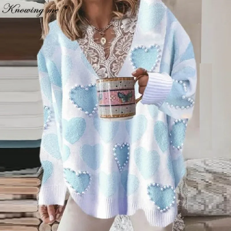 

Женский свитер с сердечками и бусинами, Элегантные Осенние мягкие свободные вязаные пуловеры, женские зимние повседневные кружевные свите...