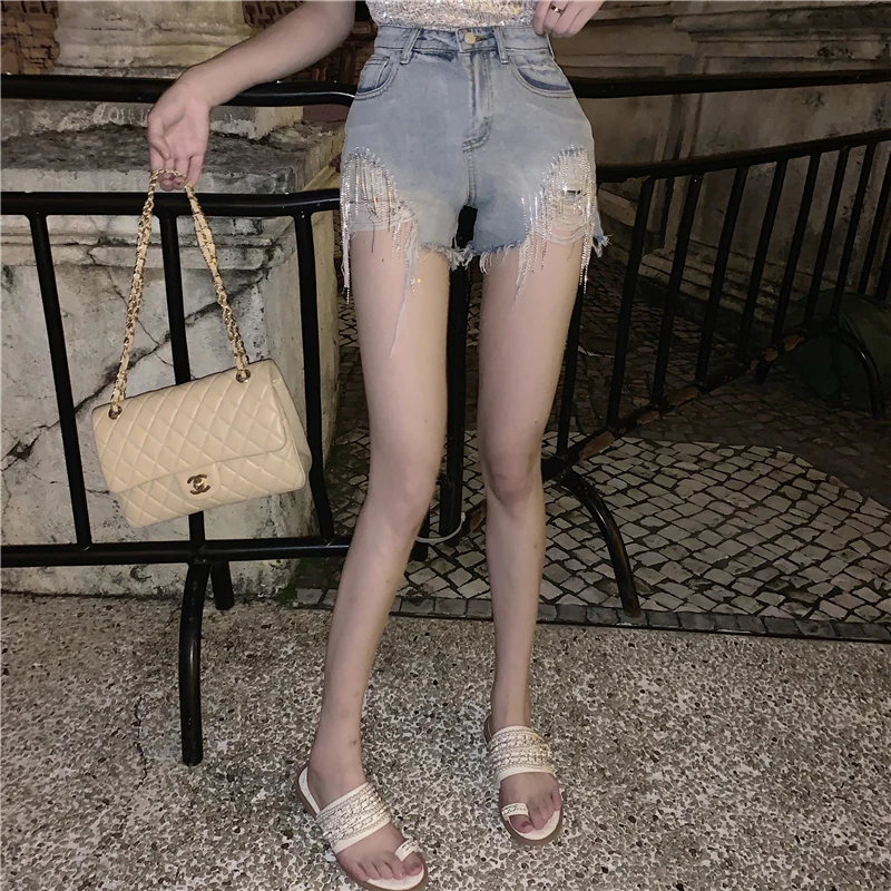 

2021Summer New Casual Loose Beaded Tassel Diamond Female High Waist Shorts Jeans Women Fashion All-Match Lady Clothing