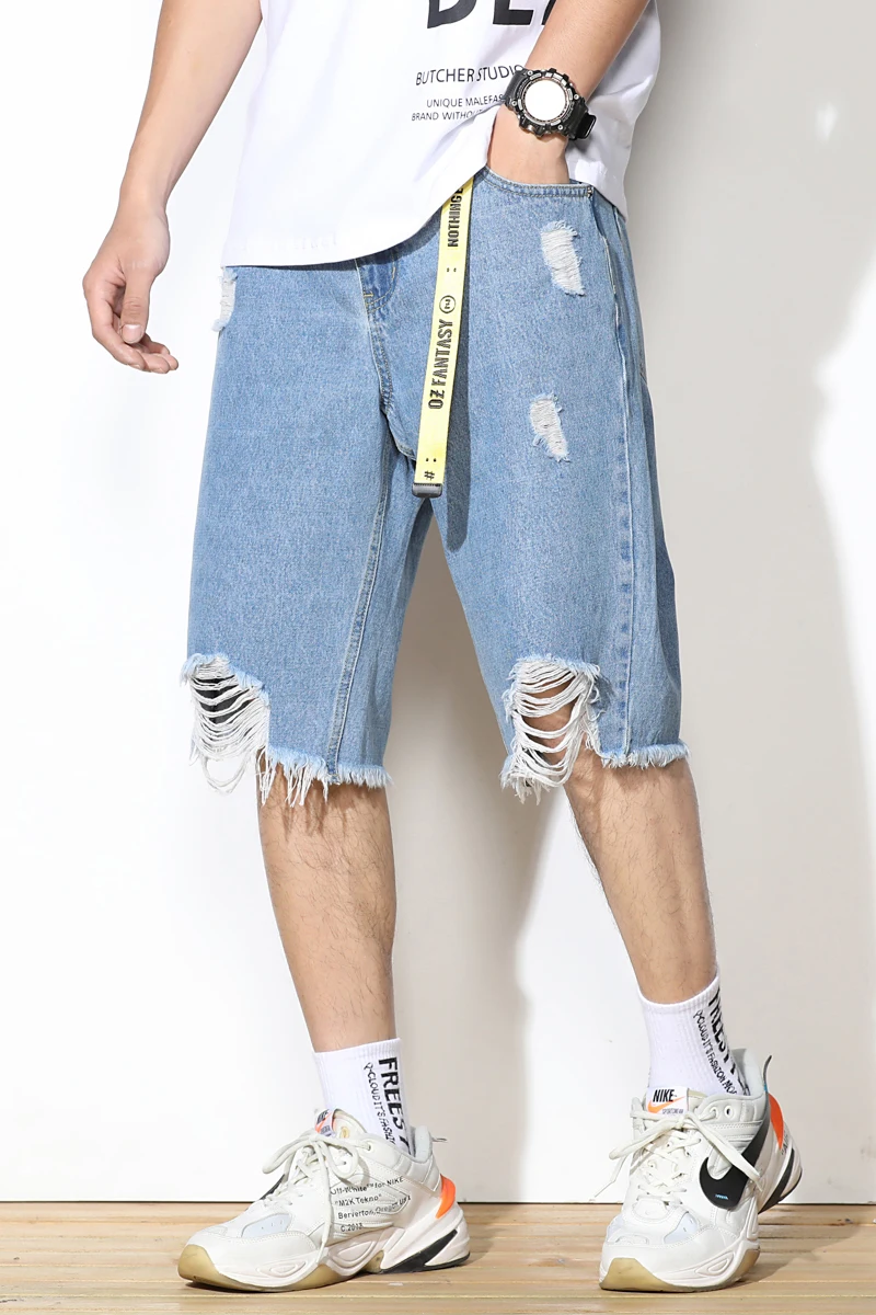 

2020 Summer New Youth Popular Solid Color Hole Denim Five-point Pants Fashion Casual Wild Increase Plus Fat Plus Size Shorts