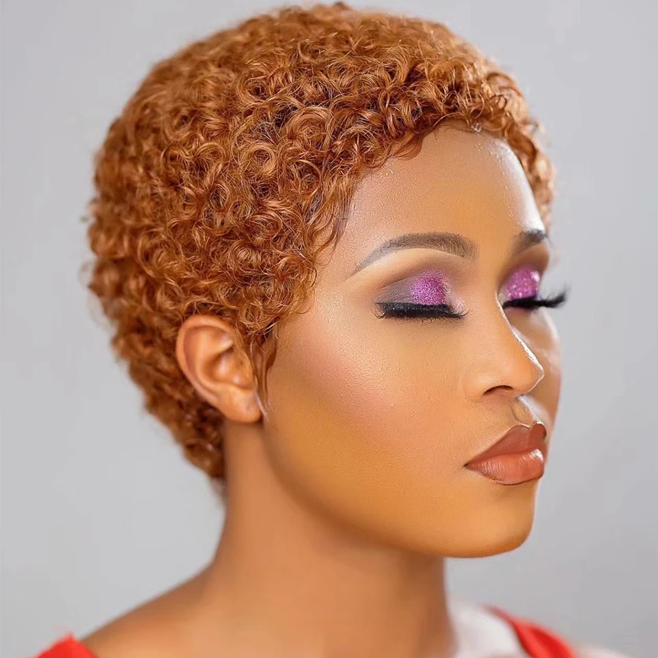 

Short Afro Curly Human with Synthetic Hair Wigs for Black Women Brown Bonde Color
