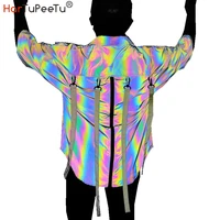reflective light blouse men rainbow casual shirts big size back long zipper detachable colourful ribbons hip hop streetwear