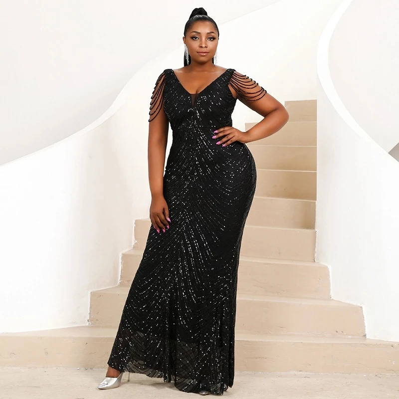 

Plus Size Evening Dresses African Mermaid V-neck Sequins Black Long Turkey Dubai Saudi Arabic Evening Gown Prom Dresses
