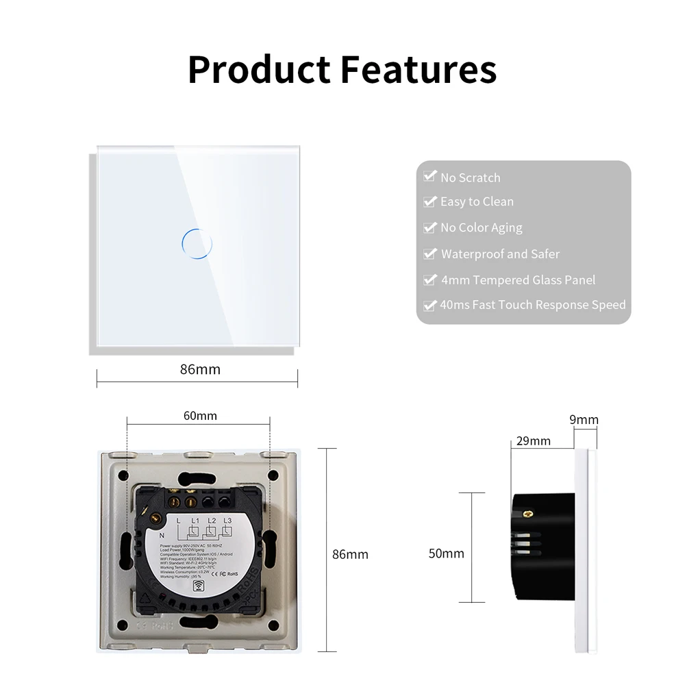 

Bingoelec EU UK Standard 1 Gang 1/2/3/4 Way Multi Control WiFi Touch Light Switch Smart Wall Switch Work With Alexa Google Home