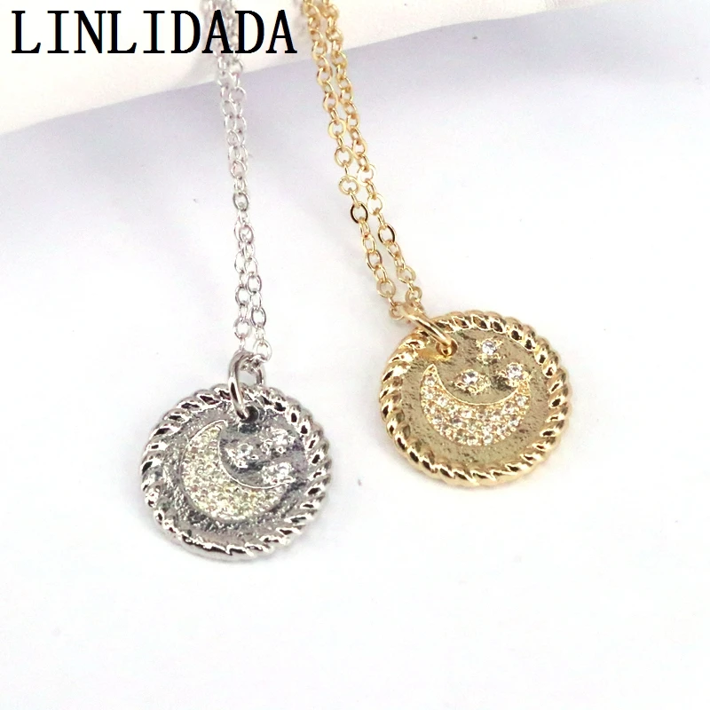 

10Pcs White CZ Cubic Zirconia Paved MOON Chain Pendant Necklaces For Women Crystal Round Charm Necklace Jewelry