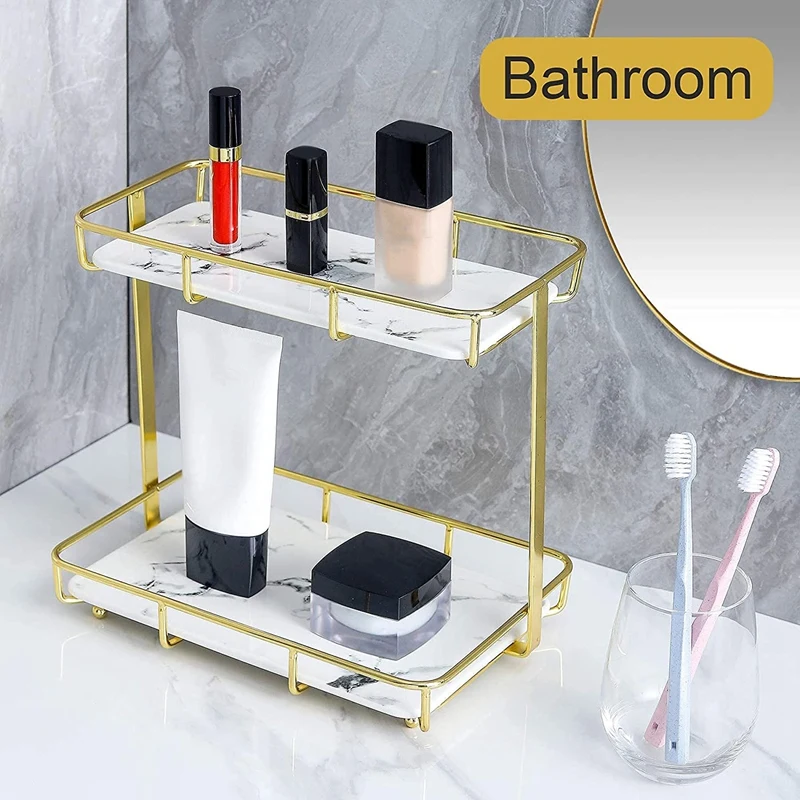 

Bathroom Organizer Countertop Cosmetics Storage Rack 2Tier Kitchen Stainless Steel Gold Shelf Marble Print Ceramic Tray