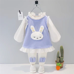 Комплекты одежды для девочек, весенне-осенняя Кружевная футболка с кроличьими ушками и штаны, детская одежда, мультяшный повседневный наряд для малышей