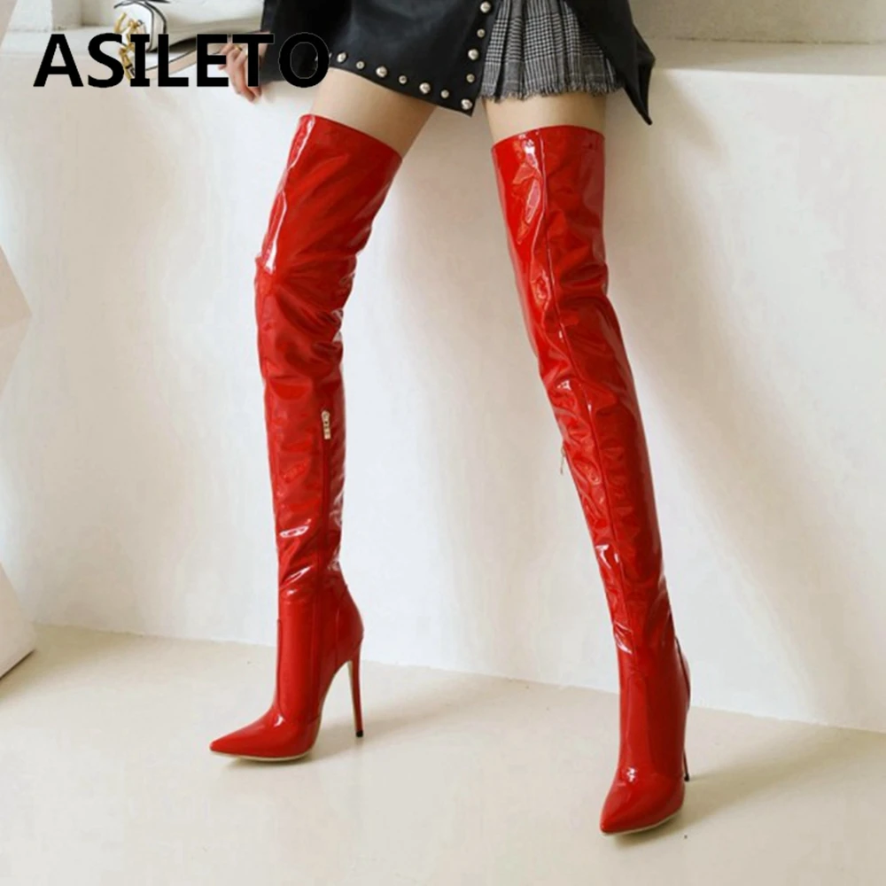 

ASILETO Sexy Luxury Party Over Knee High Boots Patent Leather Zipper Pointed Toe 12cm Stileeto Heel Ladies Plus Size 49 S2463