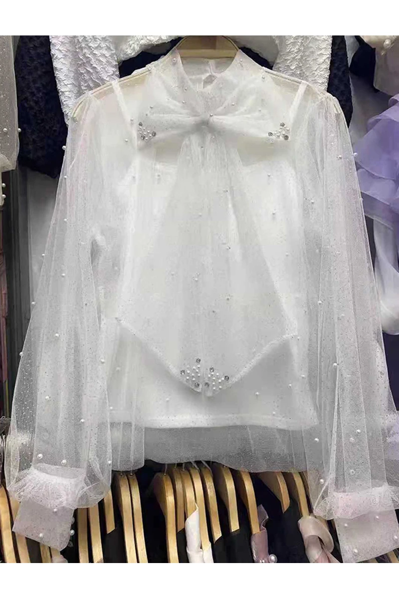

Women's Retro Beaded Lantern Sleeve Mesh See-through Shirt Blouse