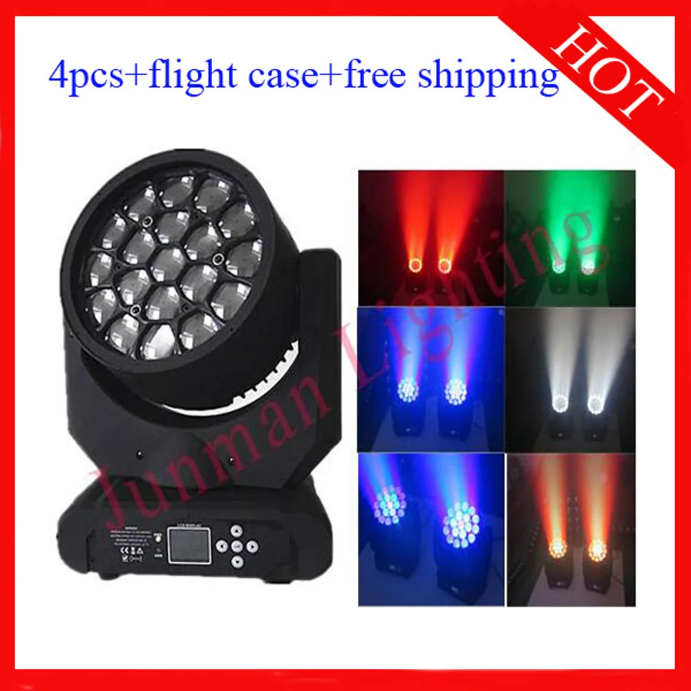 

19*15W RGBW 4 in 1 Led Beam Wash Zoom Moving Head Light DJ Disco Stage Effect Lighting Flight Case 4pcs Free Shipping