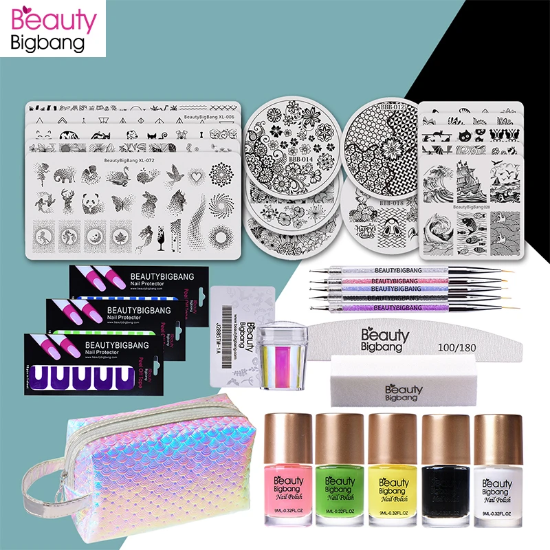 Beautybigbang 33 шт. набор для дизайна ногтей штамповочные пластины Штамп для ногтей лак для ногтей точечная ручка наклейки для ногтей файл блок сумка для начинающих дизайн ногтей