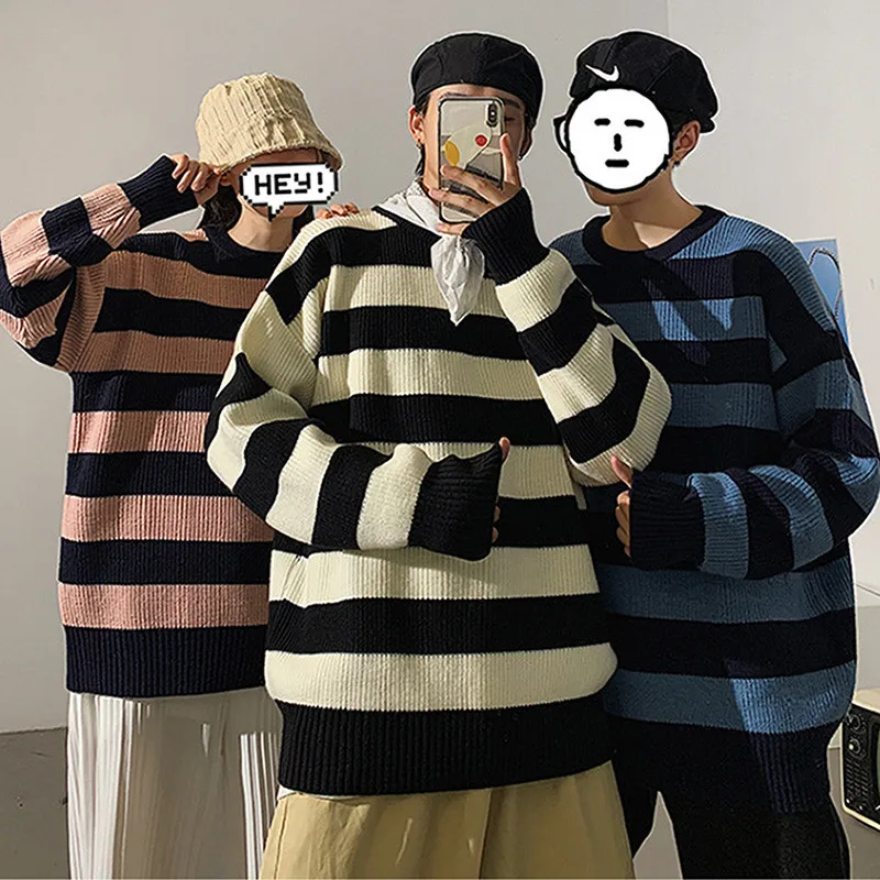 Women Striped Knitted Sweater Autumn Winter Thick Warm Pullovers Oversized Sweaters Unisex Casual Loose Jumper Teen Streetwear | Женская