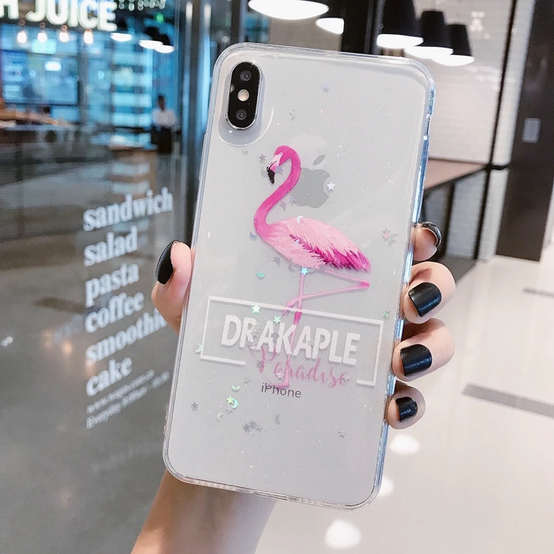 Для iPhone 6 6s 7 8 Plus 10 X XS XR Max Фламинго Блестящий Мягкий силиконовый прозрачный чехол