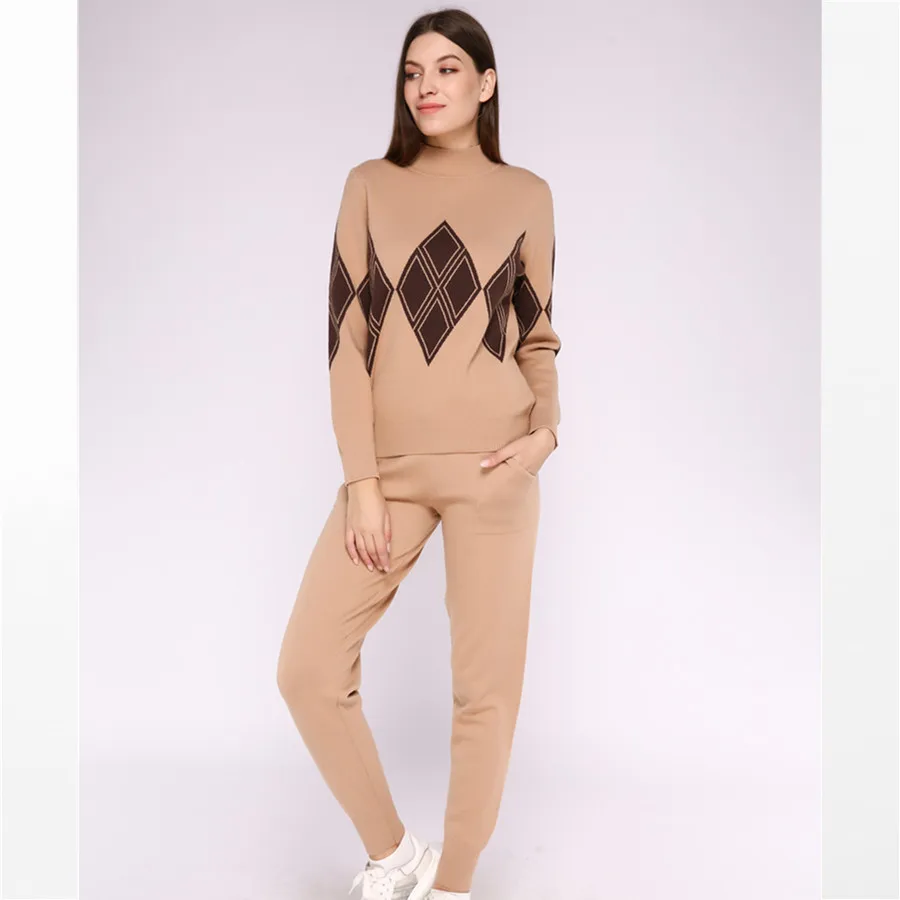 coffee Knitted tracksuit for women Hooded Sweater Casual knitted suit Women 2 Piece set Zipper long sleeve Sporting women's suit - Цвет: coffee