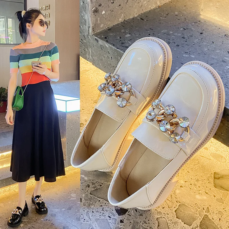 British Style Round Toe Womens Shoes Med (3cm-5cm) Fashion Spring/Autumn Slip-On Casual Shallow Bling Breathable All-match Solid