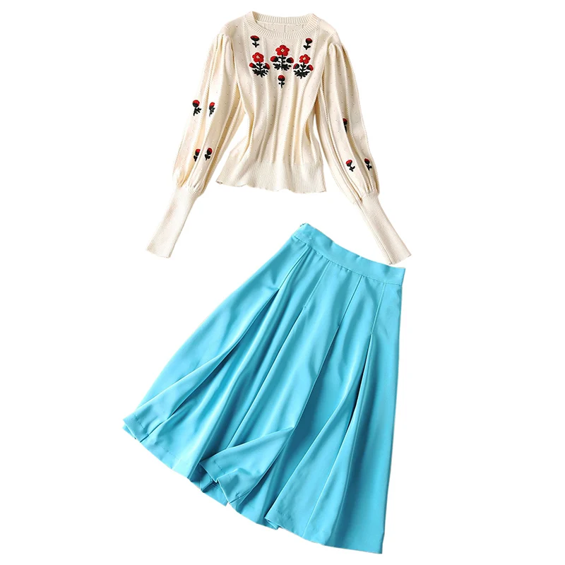 

2021 Fall Celebrity Designer Set Women Flower Embroidered Lantern Sleeve Sweater + High Waist Large Swing Skirt Winter Outfits