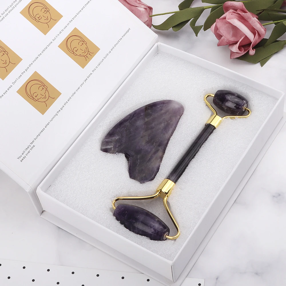 

Amethyst Massage for Face Lift Up Jade Stone Roller Natural Crystal Stone Gua sha Slimming Thin Chin Facial Beauty Skincare Tool