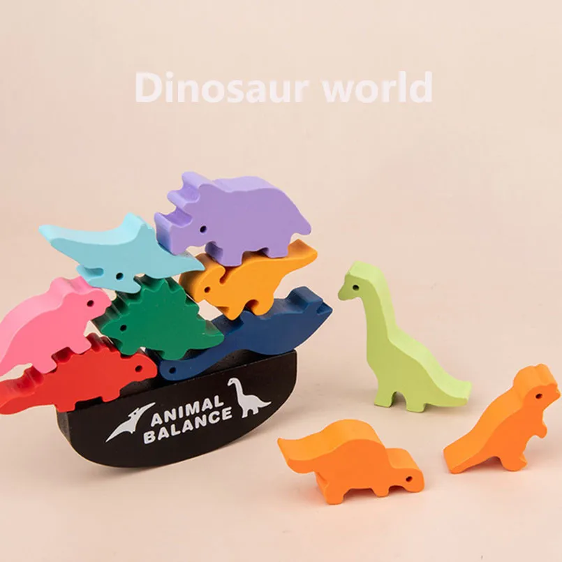 children montessori wooden animal balance blocks board games toy dinosaur educational stacking high building block wood toy boys free global shipping