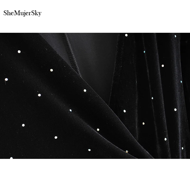 Осеннее черное бархатное платье SheMujerSky с запахом и V образным вырезом Серебряное