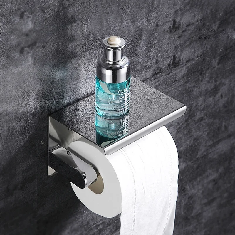 new stainless steel toilet paper holder bathroom wall mount wc paper phone holder shelf towel roll shelf accessories free global shipping