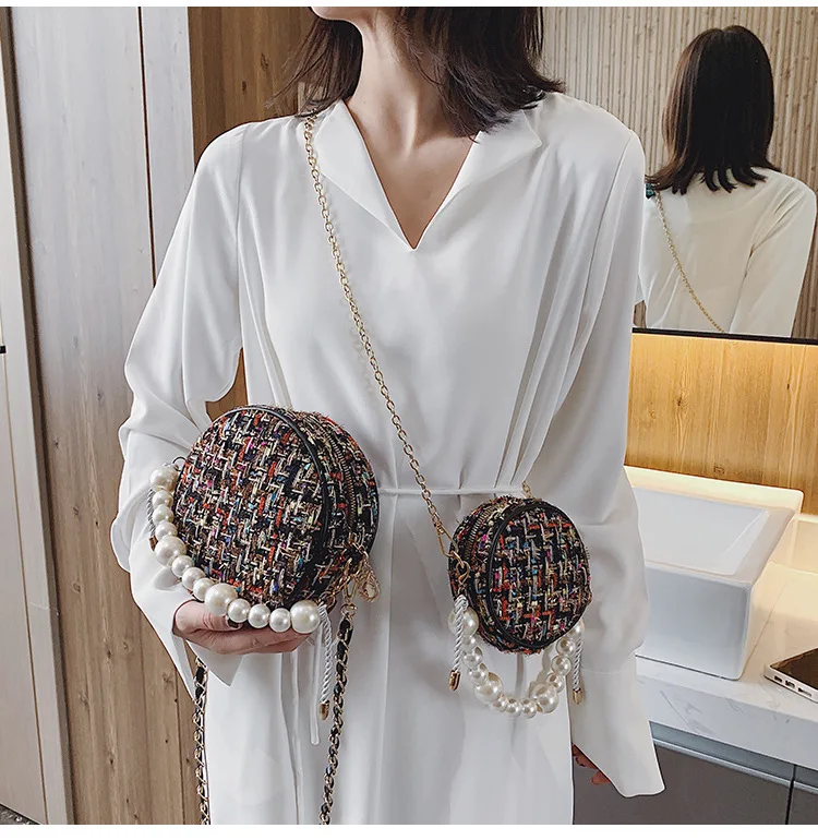bolsos модные женские сумки-почтальон, круглая сумка на плечо, дизайнерская сумка через плечо, твидовые сумки для женщин, жемчужное колье, сумка