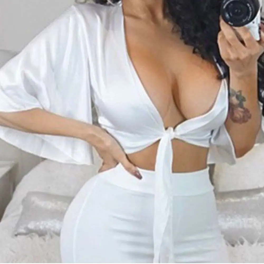 

Fashion Women Lady Satin Silk Tie Knot Crop Top Ladies Front Flared Sleeve Half Sleeve Deep V Neck Women Blouse