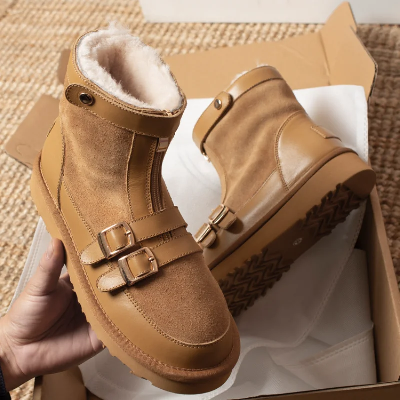 

Зимние плюшевые ботильоны для женщин, зимние ботинки из матовой кожи с круглым носком, женские ботинки, женские удобные теплые локомотивные...