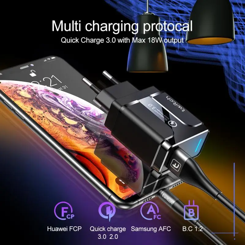 

18W USB Charger 3A Fast Charging Mobile Phone Adapter With Led For IPhone12 Pro Max EU/US/UK Plug Wall Charger For Xiaomi Huawei