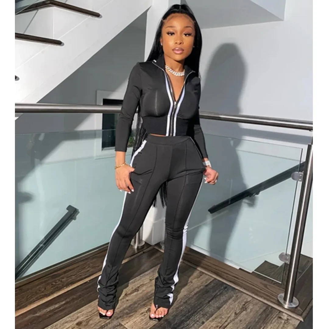 

Autumn women's clothes suit women's zipper color block crop top trousers sportswear workout fitness two-piece wholesale