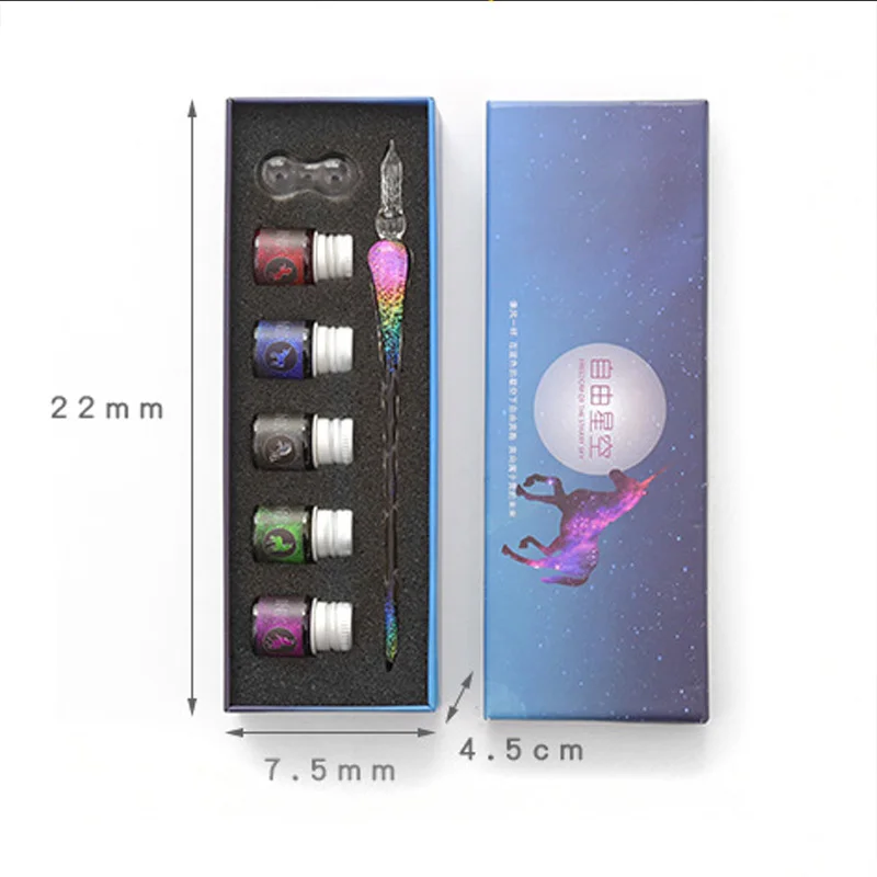 

7pcs/lot Crystal Glass Pen Starry Sky Unicorn Dip Pen Glitter Powder Fountain Pen Ink Gift Box Writing Supplies for Girl Gifts