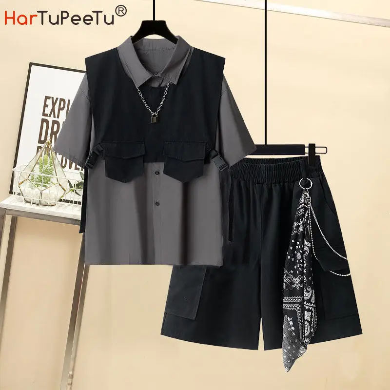 

Summer Harajuku Loose Chain Cargo Shorts T Shirt +Cargo Shorts Two Piece Set Shorts Three-Piece Suit Set Street Wear Fashion