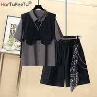summer harajuku loose chain cargo shorts t shirt cargo shorts two piece set shorts three piece suit set street wear fashion