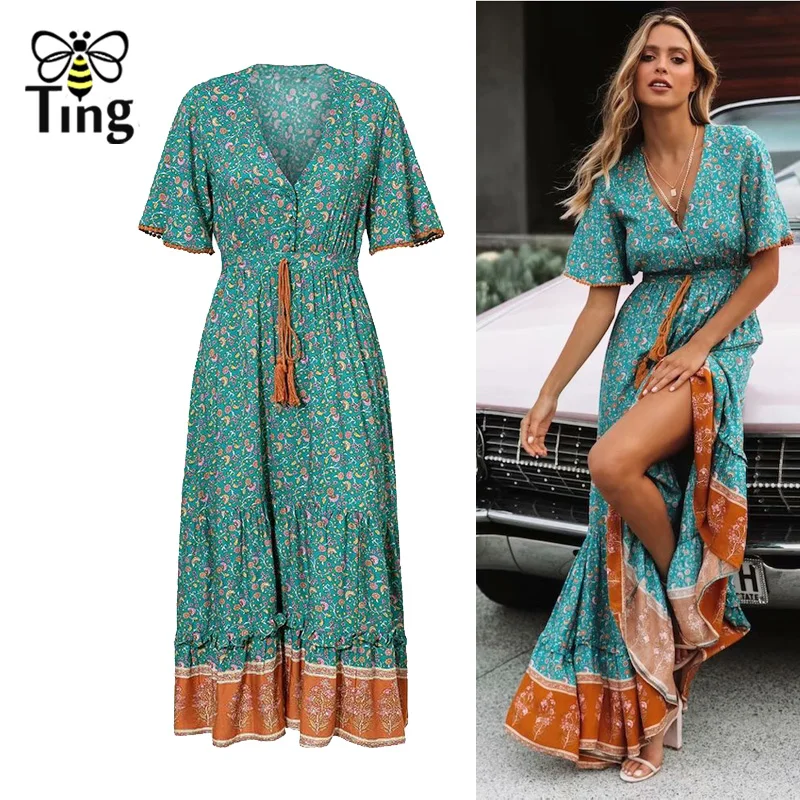 Женское длинное платье с цветочным принтом V-образным вырезом - купить по