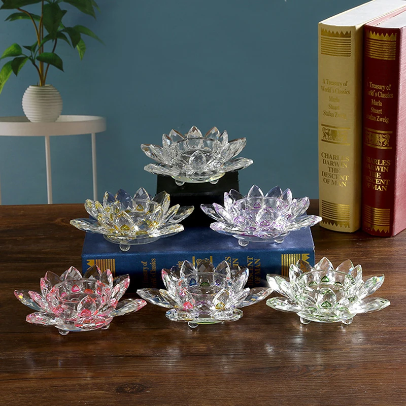 

Crystal Glass Lotus Flower Candle Holder Buddhist Candlestick Decoration party