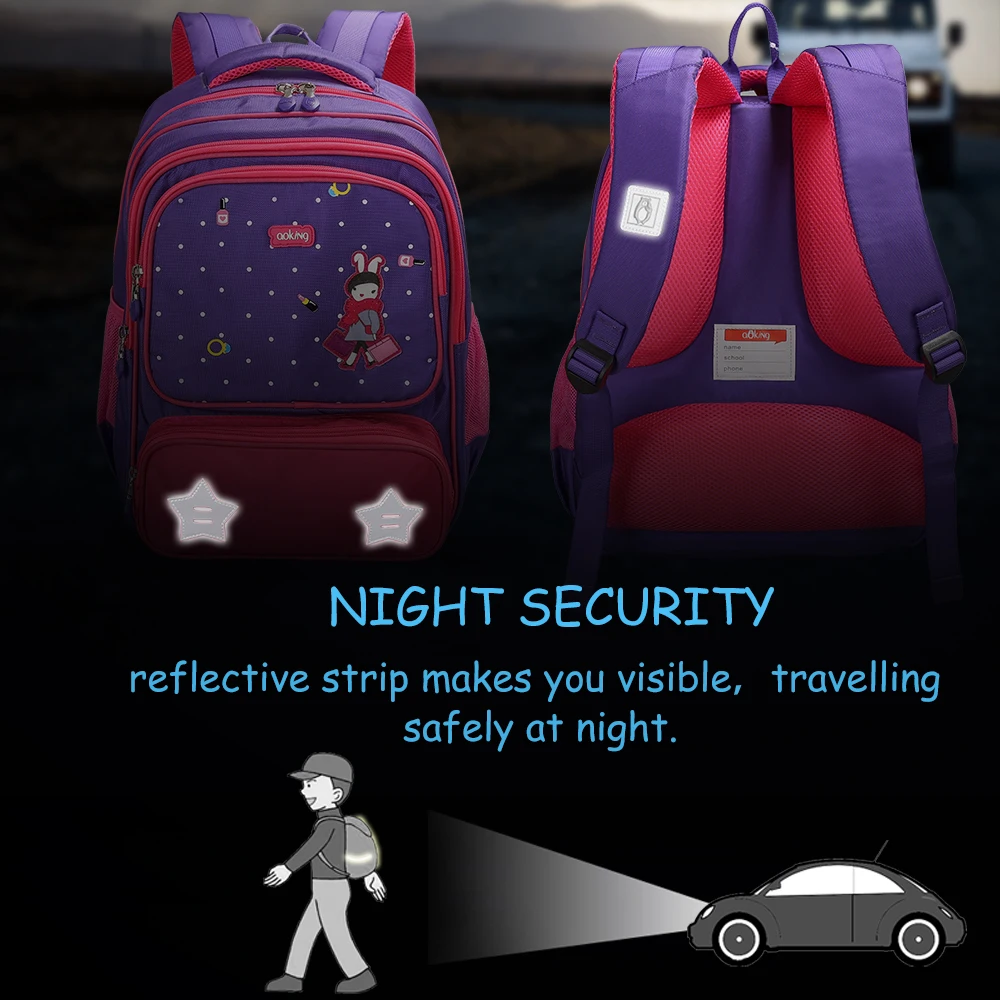 Aoking Girls Waterproof School Bag Cute Animals Kids Nylon Backpack Reflective Teenager Breathable Casual Daypack Travel