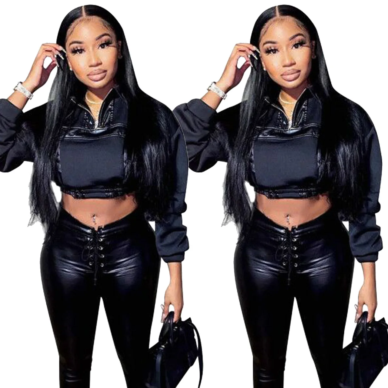 

Shirts for Women Long Sleeve PU Leather Zipper Crop Top Wholesale Turtleneck Stretch Black Tshirt Casual Streetwear Dropshipping