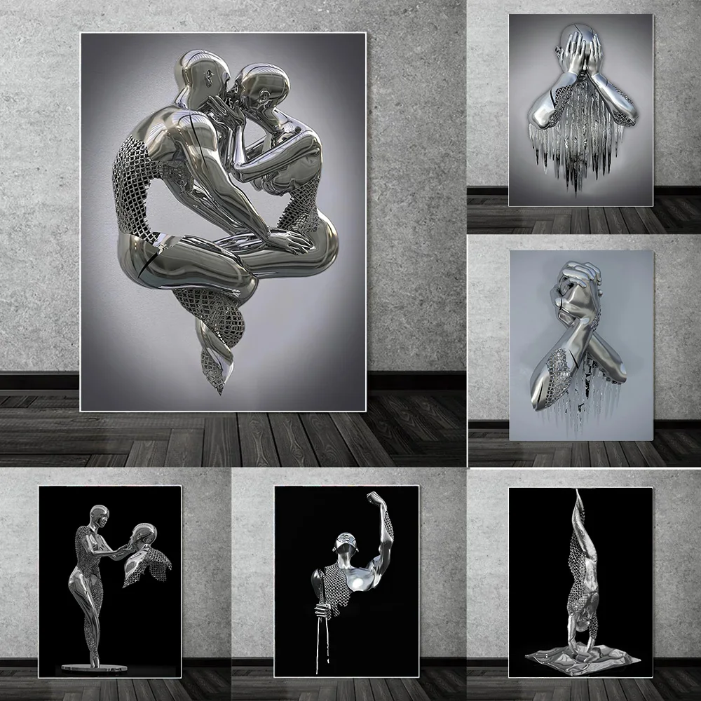 

Abstract Metal Lovers Figure Statue Art Canvas Painting Couples Sculpture Posters and Prints Wall Art Pictures Living Room Decor