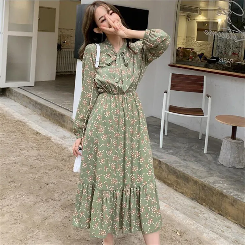 Шифоновое женское длинное платье с цветочным принтом длинным рукавом бантом