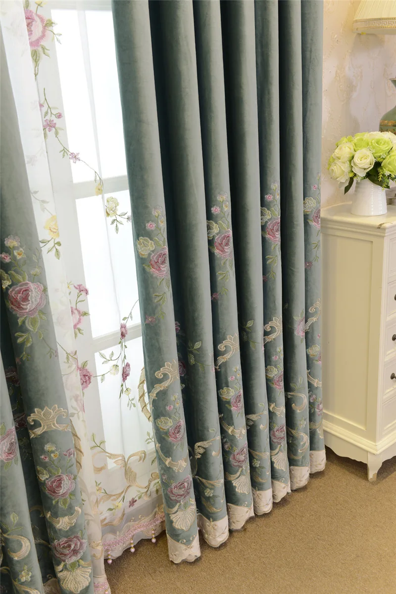 Розовый вышитый цветок тюль для гостиной зеленые панели затемненные шторы роскошные вышитые шторы для виллы X-WP424#40